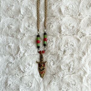 Dagger Pendant Necklace 25” Gold Aztec Boho Tribal Costume Beaded Tropical Tribe